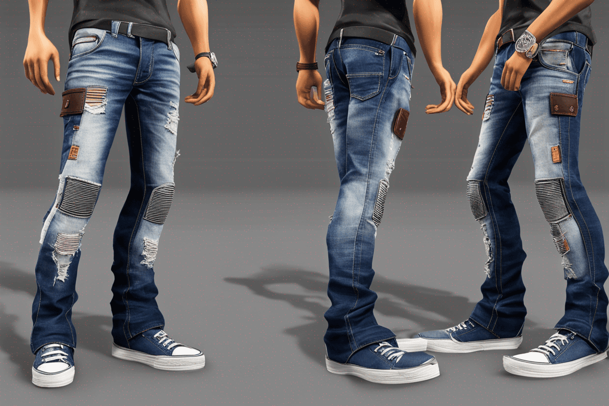 Please create an image of a pair of modern jeans for young adult men. The jeans should have a slim and modern cut, with a denim wash that features a worn but elegant look. The design should include details such as strategic rips, acid wash effects, and stitched patches. The colors can vary but should be trendy denim shades. The image should convey an urban and sophisticated style, showing the jeans paired with modern sneakers and a stylish t-shirt. The background of the image should reflect an urban or contemporary setting that highlights the appeal of the jeans to the target audience