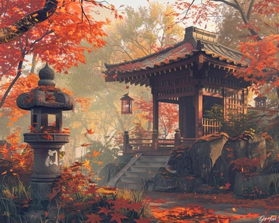 A serene Japanese tea garden during autumn, featuring a traditional wooden tea house surrounded by vibrant red and orange maple leaves, with a stone lantern in the foreground. The scene is bathed in the soft, golden light of late afternoon, capturing the tranquility and beauty of the setting. The art style should be inspired by the delicate brushstrokes and muted colors of traditional Japanese ukiyo-e woodblock prints. The composition should be captured with a 35mm lens to emphasize both the details of the architecture and the lush foliage.
