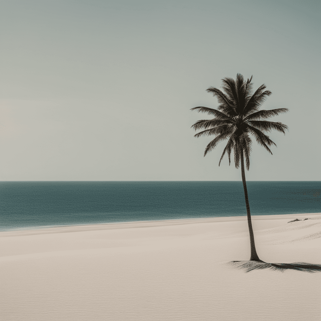 a picture of a lonely beach with a single palm tree, minimalistic style, shot with a telephoto lens and 4K resolution, inspired by the works of Edward Hopper.