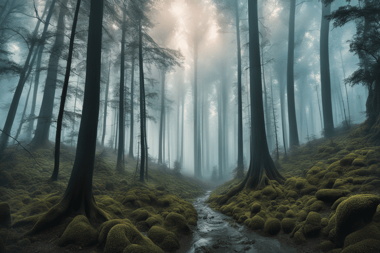 a picture of a foggy forest in the morning, painted in a surrealistic style reminiscent of Salvador Dali, captured with a wide-angle lens at 4K resolution.