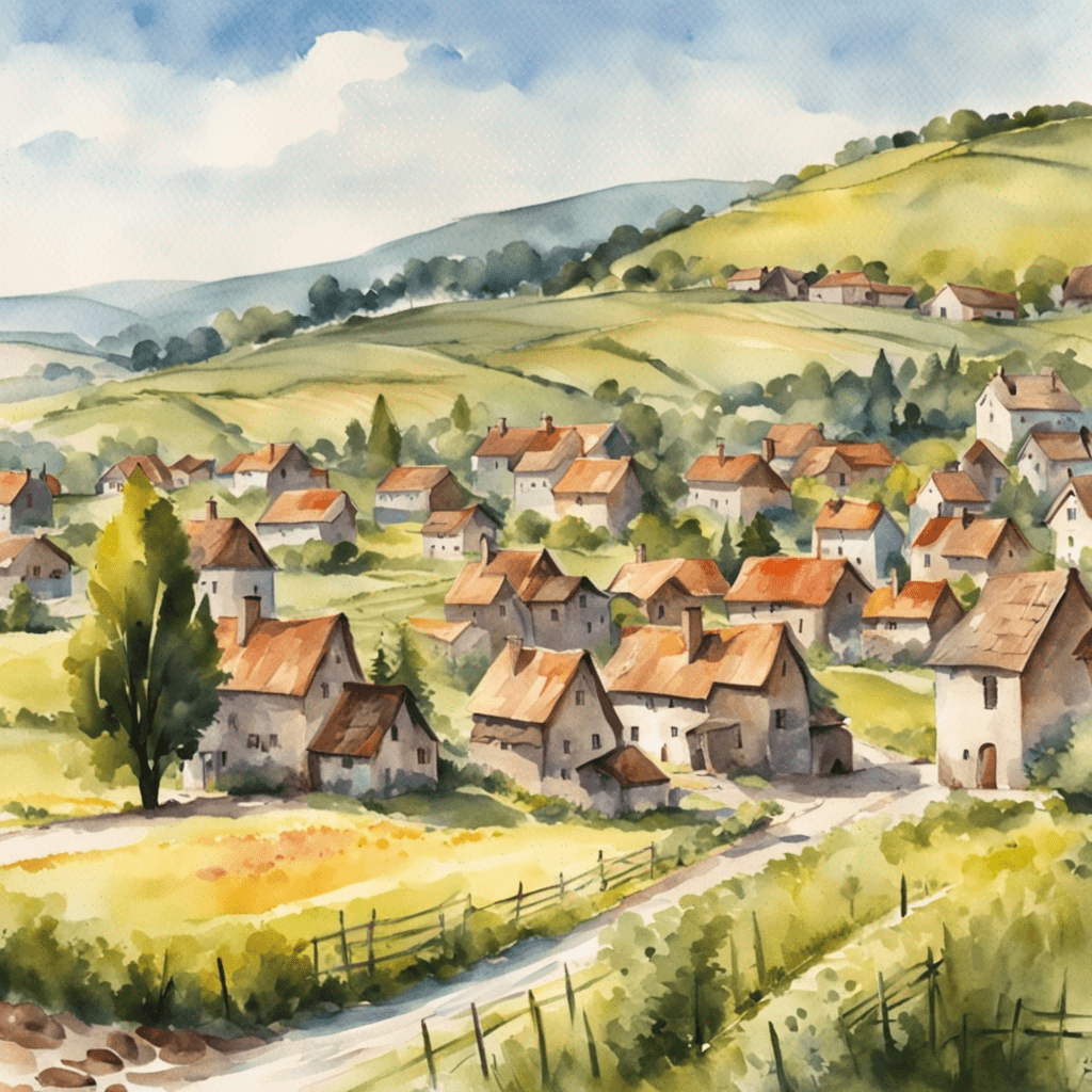 a picture of a small village in the countryside on a sunny day. Artistic watercolor style, close-up shot, taken with a telephoto lens and 4K resolution.