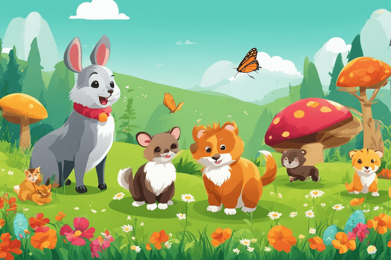 Generate a cheerful scene with cute animals playing in a vibrant meadow.