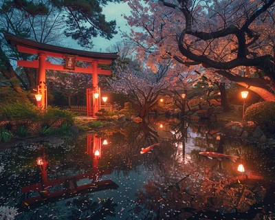 A serene Japanese garden at dusk, featuring a traditional red torii gate partially obscured by cherry blossom trees in full bloom, with a tranquil koi pond reflecting the soft, warm light of lanterns. The scene is captured in the style of Studio Ghibli, with a gentle, whimsical atmosphere and vibrant, hand-painted textures. The image is taken with a wide-angle lens to encompass the entire garden, emphasizing the harmony and balance of nature.