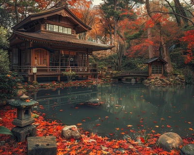 A serene Japanese garden in the heart of autumn, with vibrant red and orange maple leaves gently falling around a traditional wooden tea house. The scene is captured in the style of Studio Ghibli, with soft, whimsical details and a warm, nostalgic color palette. The image is taken with a wide-angle lens to encompass the tranquil pond, stone lanterns, and a gracefully arched wooden bridge in the background.
