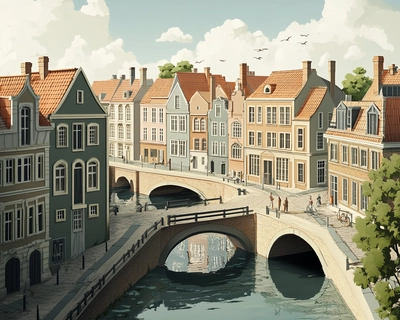 make a realistic urban landscape with houses bridges streets