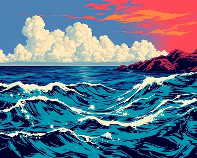 an ocean seascape, pop art style, bold colors, graphic design, Andy Warhol inspired, high contrast, highly detailed, rich textures, intricate details