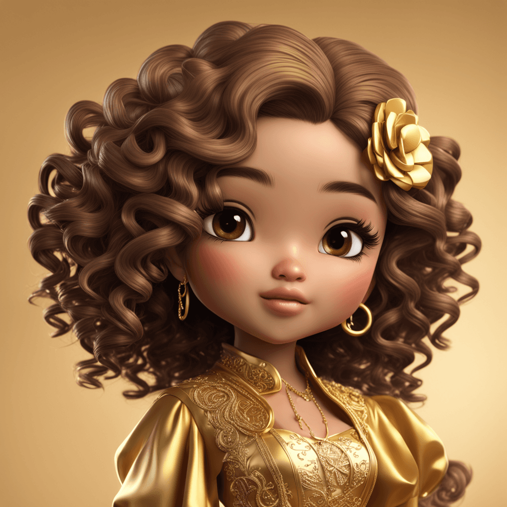 Chibi curly hair Phillipine in gold tones on the name "Roza”, illustration, 4d render, photo, realistic, cinematic, 3d render, anime, photo, poster, fashion, portrait photography



