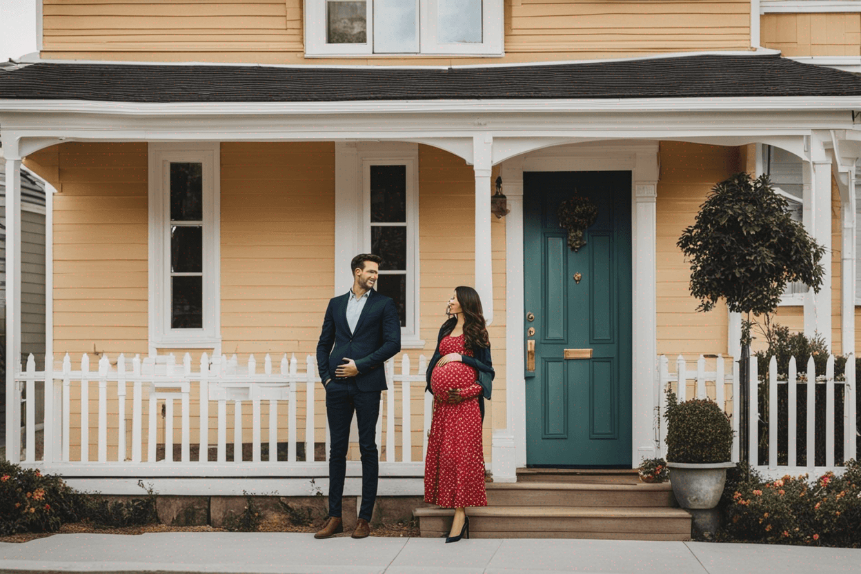 A picture of a nice house in the corner of the street and a 
beautiful  woman who is pregnant and her husband is standing next to her.