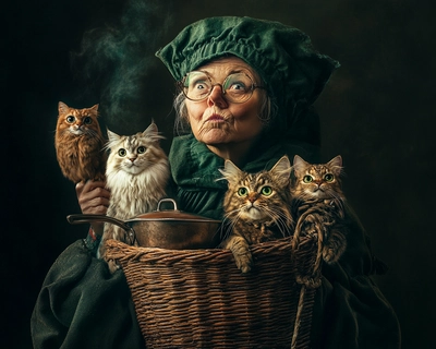 A picture of crazy teacher with a basket with 3 cats, 1 owl and frying pan