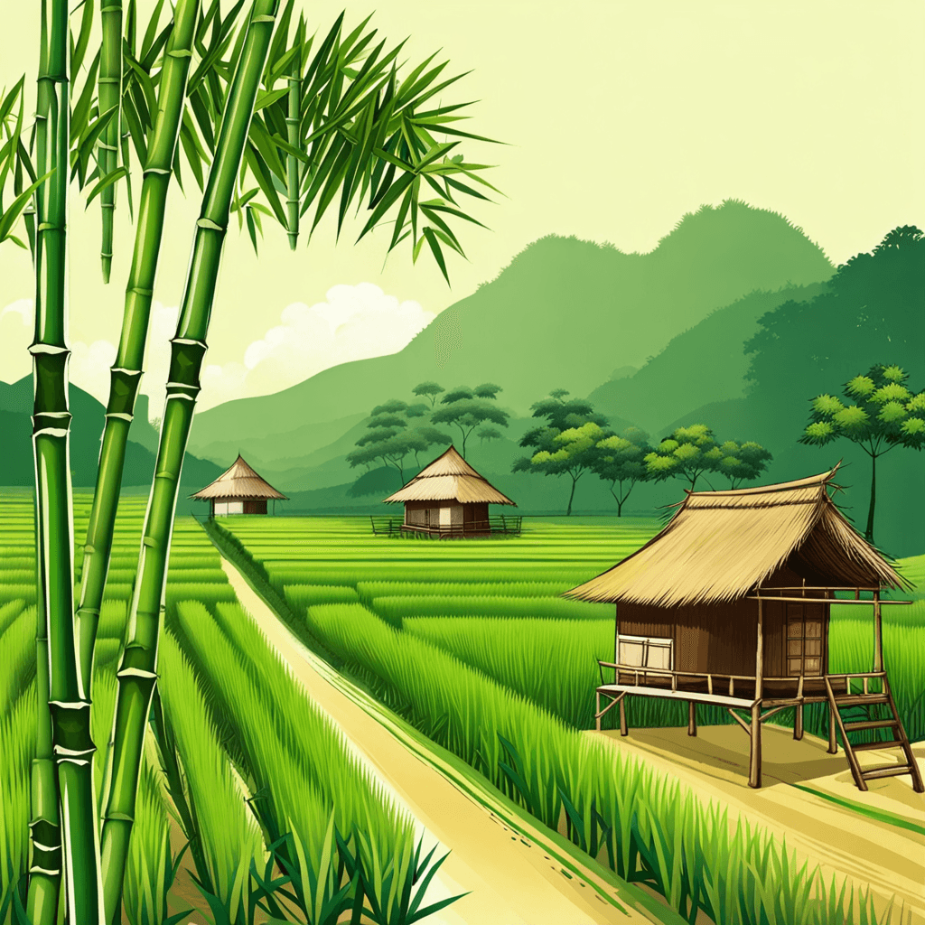 Rice field, bamboo, mango tree, farmers, bamboo hut