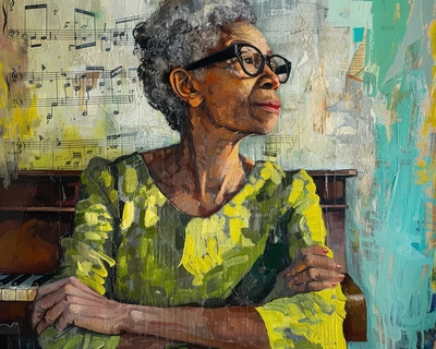 an abstract image of an African-American woman around 50 years of age with very short, black and gray natural hair wearing wide cat eye frame black glasses and wearing a chartreuse 
Green dress with her hands folded in her lap while sitting on her piano bench in front of her old upright piano while gazing out of the window 