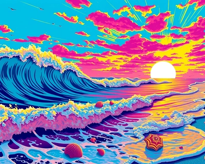 an ocean seascape, pop art style, bold colors, graphic design, Andy Warhol inspired, high contrast, highly detailed, rich textures, intricate details