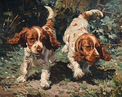 Due cani incrocio cocker-breton che corrono su un prato con i padroni mentre giocano