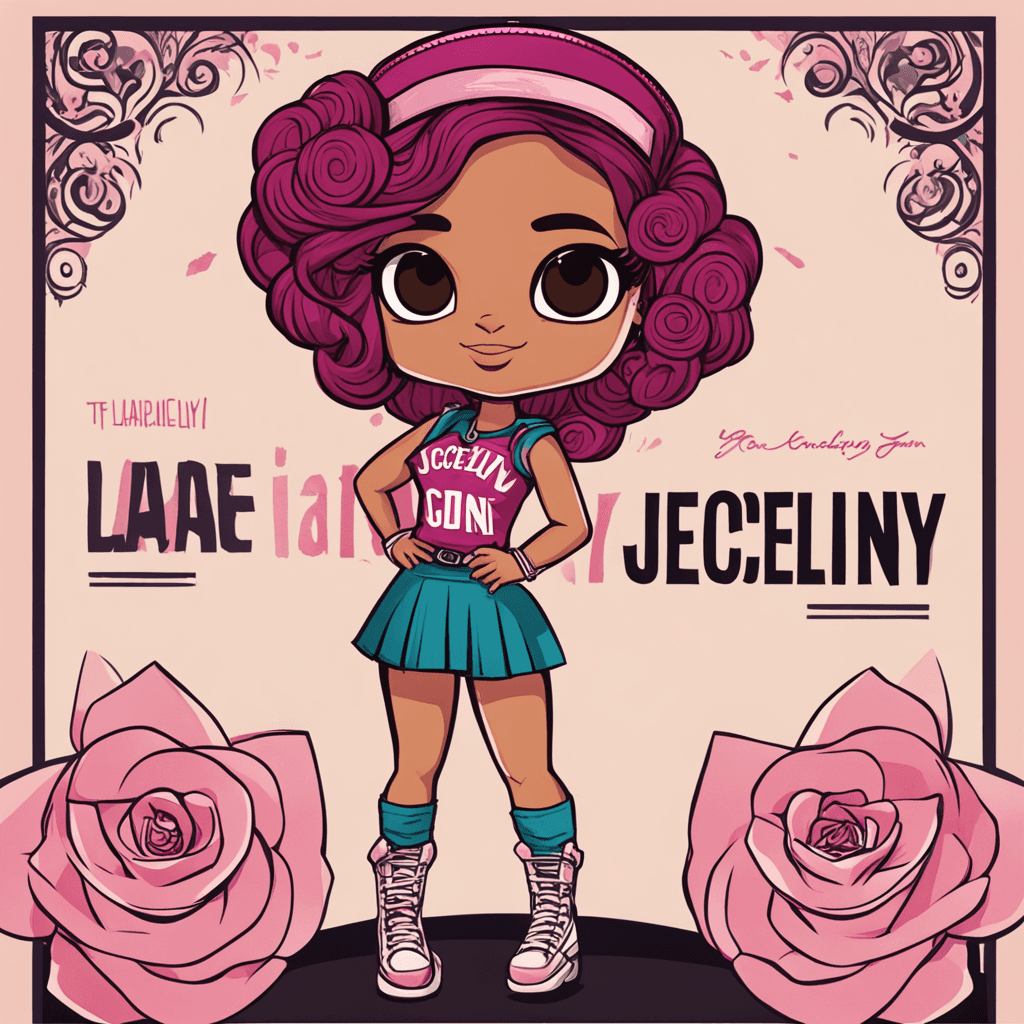  A poster design featuring a chibi Latina Tatiana in rosa tones, standing in front of the word "Jocelyn" in a large, bold font. The poster is bright and eye-catching, and it has a positive and empowering message.