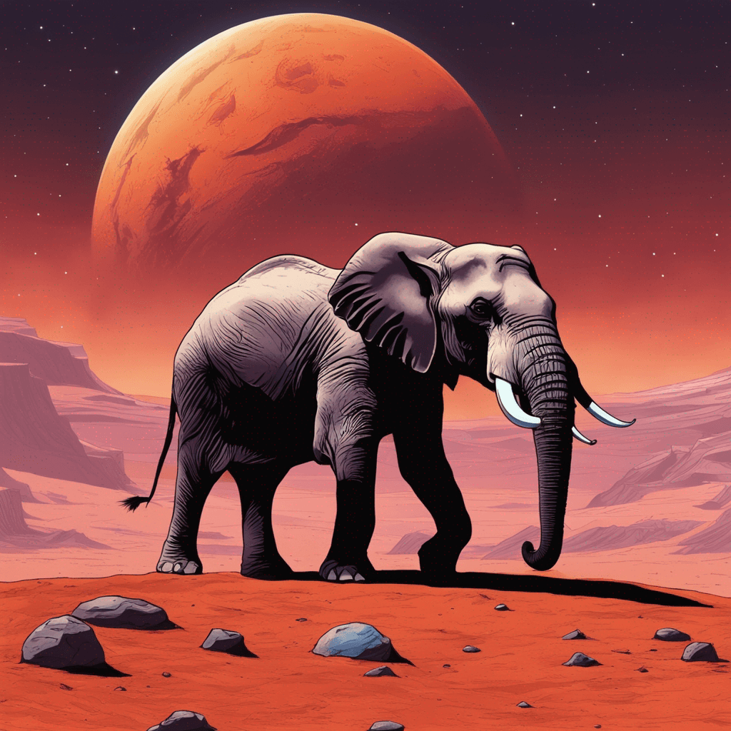 A picture of wild elephant roaming on Mars and in the back you can see Earth make the background neon color.