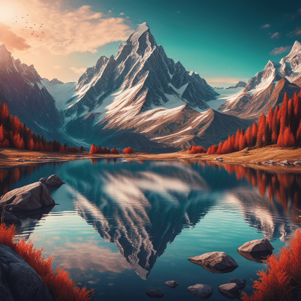 a picture of a majestic mountain range with a lake in the foreground, painted in a surrealist style with a wide-angle lens. 4K resolution, bold colors, and sharp details.