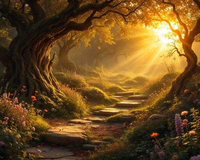 a magical fantasy scene, golden hour photography, warm sunset light, soft golden glow, magic hour, beautiful natural lighting, natural daylight, clear and balanced lighting, earthy natural color palette, browns greens and warm neutrals, highly detailed, rich textures, intricate details