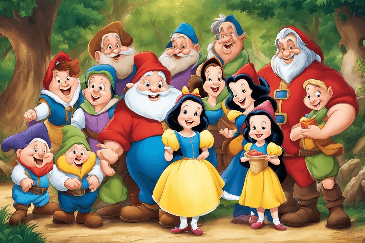 
a picture with the seven dwarfs and Snow White
