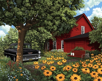 A picture of a red house with a red garage with a huge mulberry tree with a bench underneath with a coffee mug on the arm rest. A black 55 Chevy in the drive way houses surrounded by black eyed Susan’s and trees and flowers and bushes 