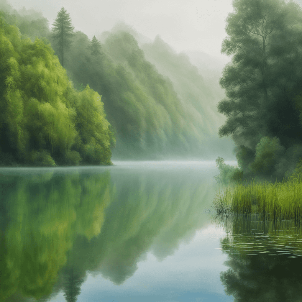 a picture of a tranquil lake surrounded by lush green trees with a misty fog in the background. Impressionist style painting, close-up view, 4K resolution, and use of a wide-angle lens.