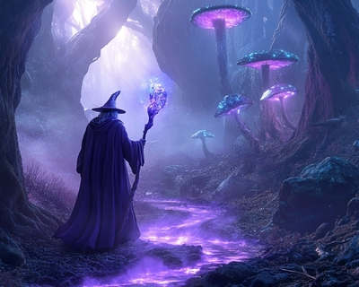 A mystical forest with towering, ancient trees and glowing, enchanted mushrooms. In the foreground, a wise old sorcerer in a flowing purple robe is casting a spell with an ornate staff. The sorcerer’s face is hidden in shadow, but his eyes glow faintly. A glowing stream meanders through the scene, reflecting the ethereal light coming from the mushrooms. Mist rises from the ground, and the atmosphere is slightly foggy with a soft, magical glow. The composition focuses on the sorcerer at the center, with the forest and glowing flora surrounding him. Use a high-contrast, cinematic style with rich colors and a touch of dark fantasy realism. 