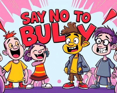 say no to bully, cartoon style illustration, vibrant colors, fun and playful, clean bold lines, animated movie quality, vibrant saturated colors, high color contrast, highly detailed, rich textures, intricate details