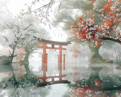A serene Japanese garden in the early morning mist, featuring a traditional red torii gate and a koi pond surrounded by blooming cherry blossom trees. The scene is captured in the style of ukiyo-e woodblock prints, with delicate, intricate lines and soft, pastel colors. The perspective is wide-angle, as if taken with a 24mm lens, to encompass the tranquil beauty and harmony of the entire setting.