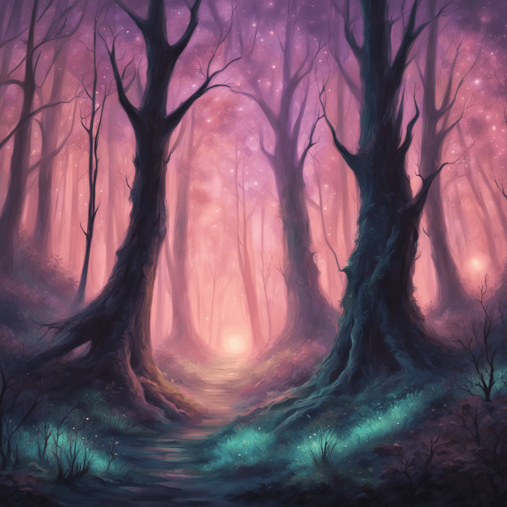 a picture of a mysterious night forest. Soft pastel colors, oil painting texture, with a hint of fantasy. Close up shot with a long lens, 4K resolution.