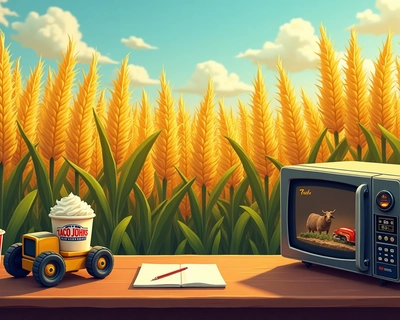 cartoon themed cornfield and flowers background with a tractor, a small desk, snake hidden in desk, a coffee cup that says scooters with foam on top, taco johns logo in the background, microwave with :30 seconds on the timer, boer goat in the back, Minnesota twins logo, popcorn bucket, riding lawnmower, impressionist painting style, visible brushstrokes, light and color emphasis, Monet-inspired, vibrant bright lighting, saturated vivid colors, highly detailed, rich textures, intricate details, art nouveau style, ornate decorative borders, flowing organic lines, Alphonse Mucha inspired, vibrant bright lighting, saturated vivid colors, highly detailed, rich textures, intricate details
