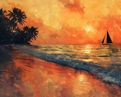 A serene sunset over a calm beach, with gentle waves lapping at the shore, silhouetted palm trees swaying in the breeze, and a solitary sailboat on the horizon; in the style of Impressionist painting by Claude Monet, using a 50mm lens to capture the warmth and tranquility of the scene.