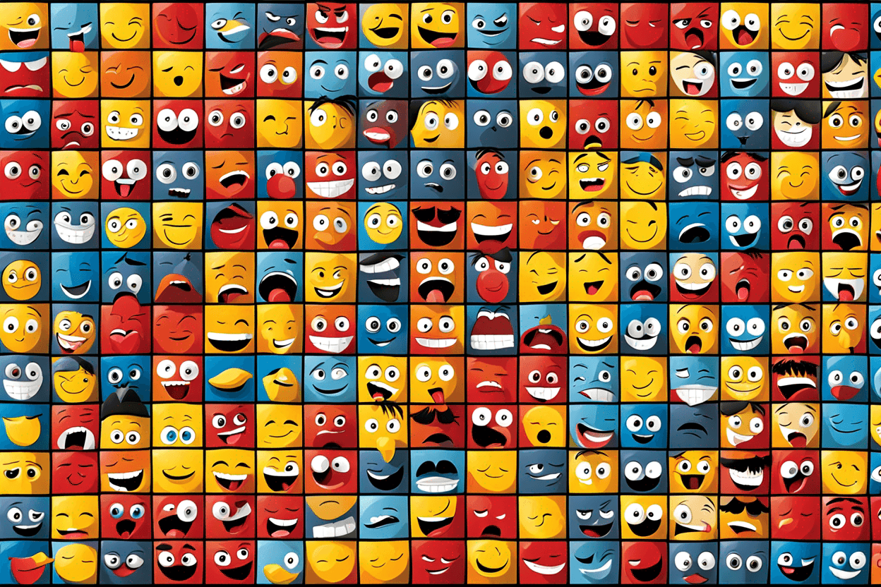 An image about emotions with a lot of faces and 25 pieces of jigsaw puzzle