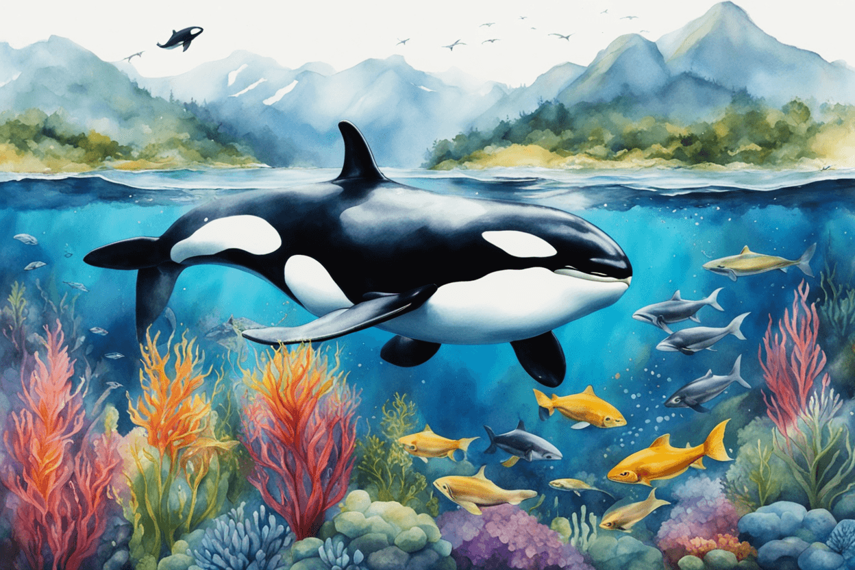 hyper realistic close up of orca looking at viewer with herd of fish swimming and colourful water plants underwater in distance watercolour