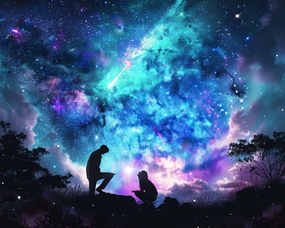A picture of a man and a woman star gazing together as the man gets on one knee and proposes as a shooting star goes by past them