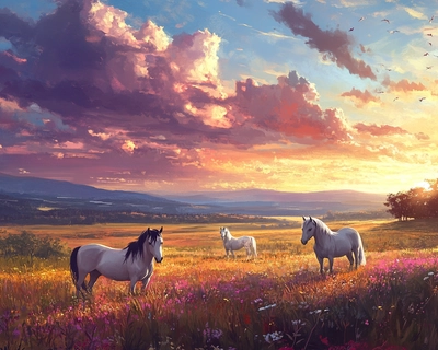 Paisagem espetacular de um campo com cavalos e celeiro gramado com sol cercas