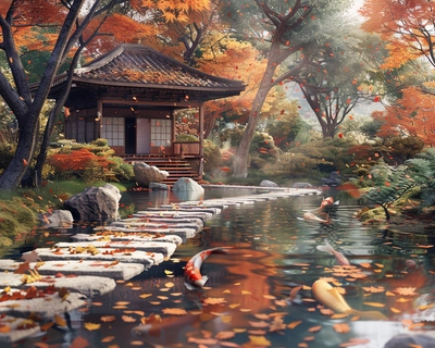 A serene Japanese garden in the heart of autumn, with vibrant red and orange maple leaves falling gently onto a stone pathway, a traditional wooden tea house in the background, and a koi pond reflecting the colorful foliage. The art style is inspired by the delicate brushstrokes of Katsushika Hokusai's ukiyo-e prints, with a soft, dreamy atmosphere. The image should be captured with a wide-angle lens to emphasize the expansive beauty of the garden and the intricate details of the tea house and pond.