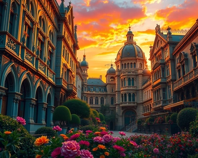 stunning architectural scene, golden hour photography, warm sunset light, soft golden glow, magic hour, beautiful natural lighting, highly detailed, rich textures, intricate details