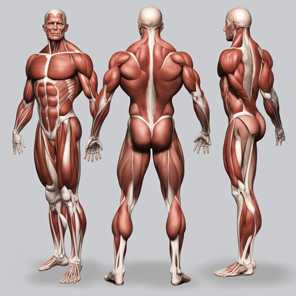 a picture of a human muscle anatomy, front and back. make it whole body, from head to toe.

