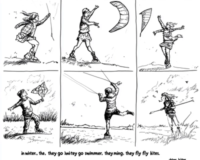 Clues: "In winter, they go ice skating; in summer, they go swimming; and in spring, they fly kites."
Task: Deduce which activity corresponds to each season, then color the images of people ice skating, swimming, and flying kites with seasonal colors.
line art ,black and white ,no background,