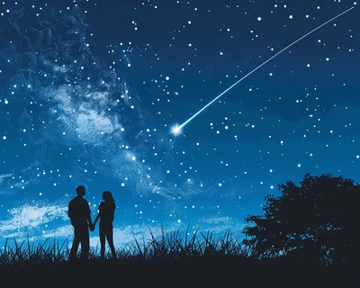 A picture of a man and a woman star gazing together as the man proposes a shooting star goes by past them