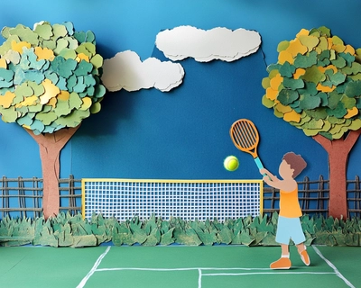 Show a tennis scene for kids but make it easy to cut out 
