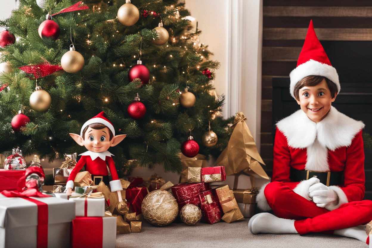 Elf on a shelf with toys under the christmas tree
