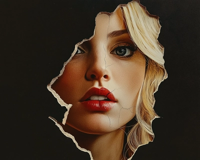 a blonde woman's face made into a jigsaw puzzle with a piece missing
