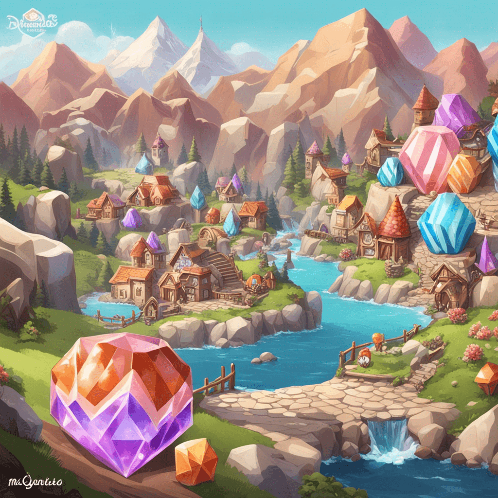 Give me a candy crush style setting, that refers to hexagon-shaped diamonds and highlights this type of diamonds a lot, with colorful and mountainous landscapes