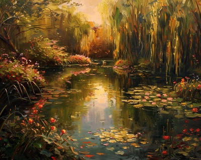 A serene landscape in the style of Claude Monet, featuring a tranquil lily pond surrounded by lush, blooming flowers and weeping willows. The scene is bathed in the soft, golden light of a late afternoon sun, casting gentle reflections on the water. Use a wide-angle lens to capture the full breadth of the garden, emphasizing the impressionistic brushstrokes and vivid color palette.