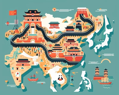 A picture of a map of China with pandas, traditional buildings, the Chinese flag, the Greatwall, Chinese yuan, noodles and dumplings