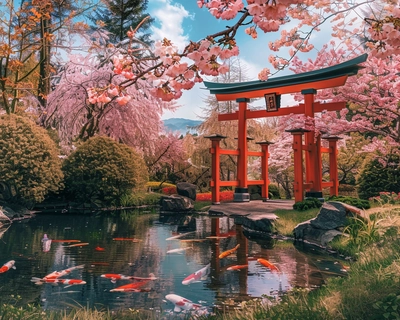 A serene Japanese garden in the heart of spring, featuring a traditional red torii gate surrounded by blooming cherry blossom trees. The scene is captured in the style of Katsushika Hokusai, with vibrant colors and intricate details. The image is taken with a wide-angle lens to encompass the beauty of the entire garden, including a tranquil koi pond in the foreground and a distant view of Mount Fuji.