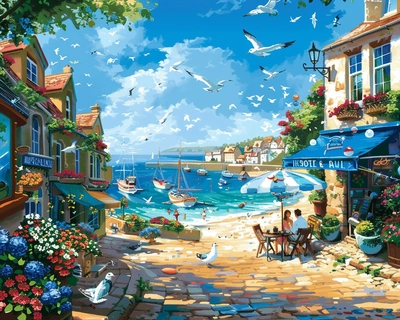 A charming seaside town with cobblestone streets, quaint cottages, and colorful umbrellas overlooking the sea. A couple sits at an outdoor cafe on the beach surrounded by blue delphiniums and red geraniums, while seagulls soar overhead. In the background is a picturesque harbor filled with fishing boats docked in its embrace. The sky above is a clear blue, adding to its idyllic charm. In the style of Japanese illustration, colorful