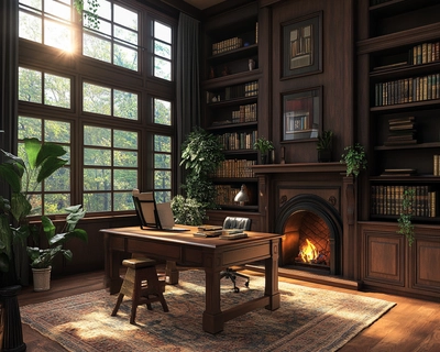 old-fashioned two-story library, wood desk, wood chair, fireplace, plants, large window