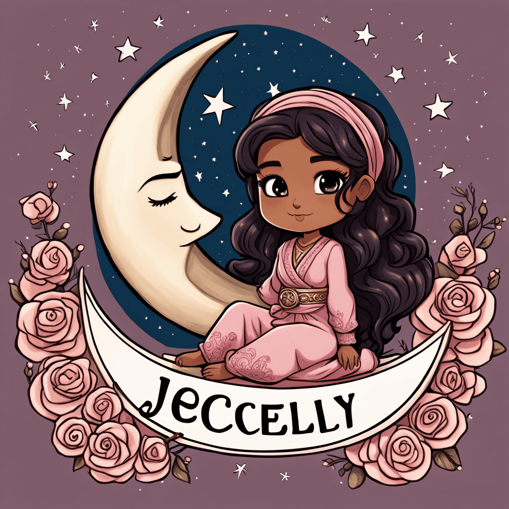 A chibi Latina Tatiana in rosa tones, sitting on a crescent moon, holding a sign that says "Jocelyn" in a flowing script. The background is a starry night sky, and the moon is casting a soft glow on Tatiana's face.