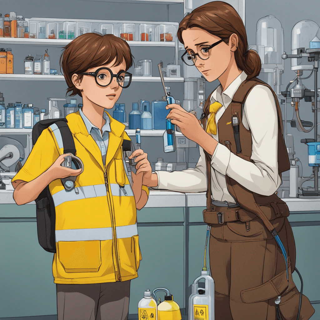 A girl with brown/dark blond hear and safety glasses that is almost crying. She is wearing a yellow road safety vest with reflectors and is standing in a laboratory next to a GC-MS that is broken. She is holding a gas sample bag in her hand. On the background there is a small boy with a wand watching harry potter